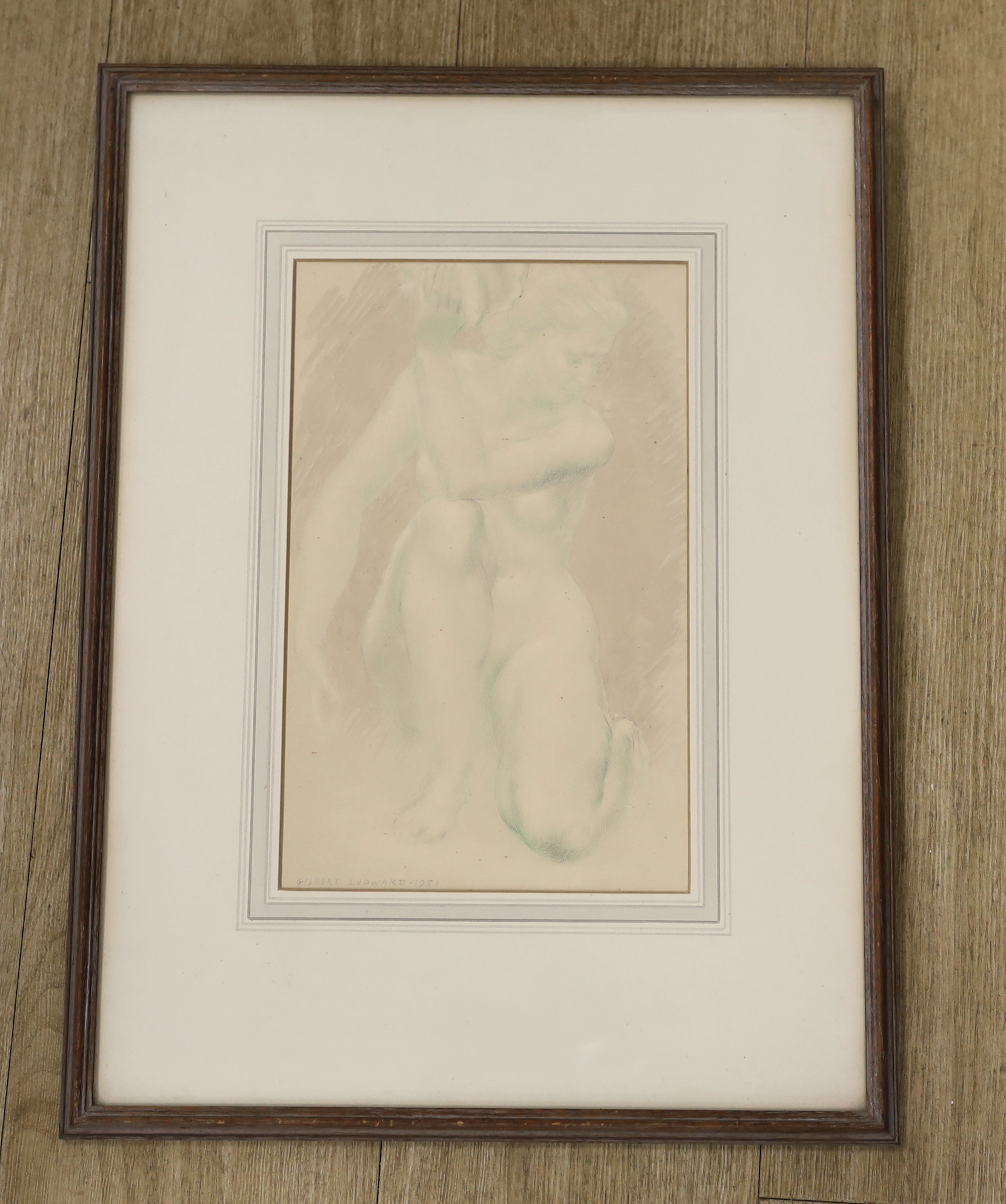 Gilbert Ledward (1888-1960), chalk and wash on paper, Kneeling female, nude study, signed and dated, 1951, 31 x 20cm